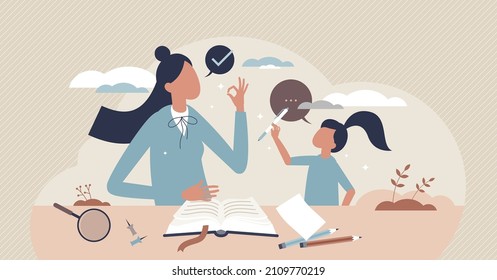 Tutoring as learning kids information and knowledge tiny person concept. Studying and helping children with homework vector illustration. Consulting, guidance and support as professional teacher job.