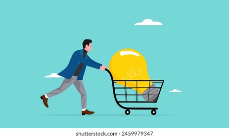 tutoring or skills development, buy online courses or take training to improve skills, businessman buys light bulb idea puts it in shopping cart concept vector illustration