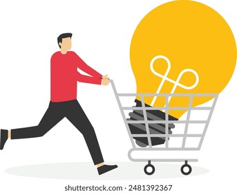 tutoring or skills development, buy online courses or take training to improve skills, businessman buys light bulb idea puts it in shopping cart concept vector illustration

