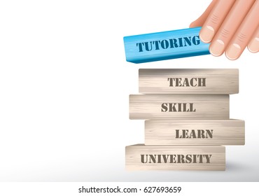 Tutoring as wooden blocks tower with hand putting one piece on top