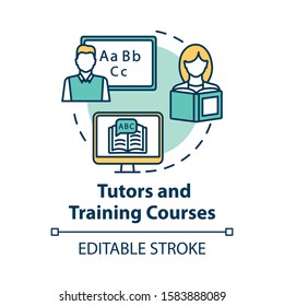 Tutors and training courses concept icon. Educational resources. Personal education, elearning tutorials. Extraclasses idea thin line illustration. Vector isolated outline drawing. Editable stroke