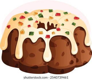 Tutti Frutti Bundt Cake with Dripping Cream and Fruits. British Fruit Cake Isolated Graphic 