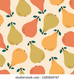 Tutti frutti pears with green leaf hand drawn vector illustration. Juicy fruit seamless pattern for children fabric or wallpaper.