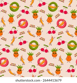 Tutti Frutti! Padrão perfeito com frutas de verão engraçadas, cerejas, abacaxis e bananas em óculos de sol e moscas flutuantes. Bright design têxtil, tecido, crianças produtos, papel de embrulho. Ilustração vetorial