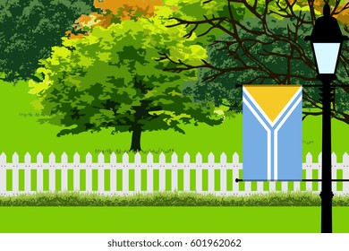 Tuva Flag, Landscape of Park, Trees, Fence wooden and Street light Vector Illustration 