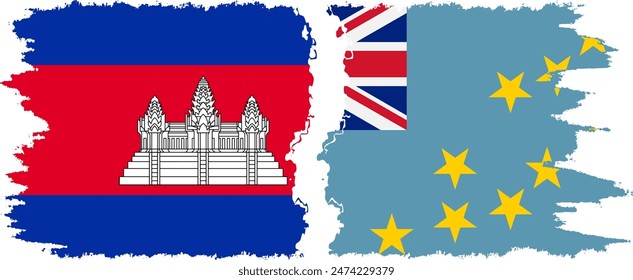 Tuvalu and Cambodia grunge flags connection, vector