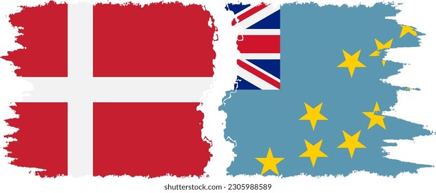 Tuvalu and Denmark grunge flags connection, vector