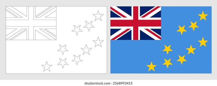 Tuvalu flag - coloring page. Set of white wireframe thin black outline flag and original colored flag.