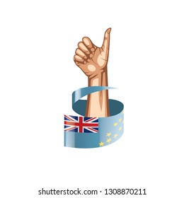 Tuvalu flag and hand on white background. Vector illustration