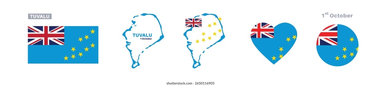 tuvalu flag and map set. tuvalu flag in official colors and proportions. independence day 1 october, map, circle and heart shaped tuvalu