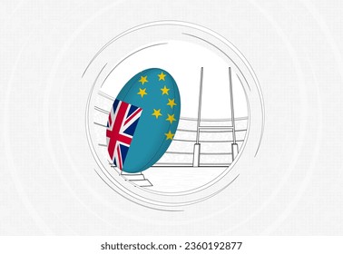 Tuvalu flag on rugby ball, lined circle rugby icon with ball in a crowded stadium. Vector sport emblem on abstract background.