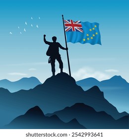 Tuvalu Flag raised on a mountain peak with clear sky in the background, vector illustration