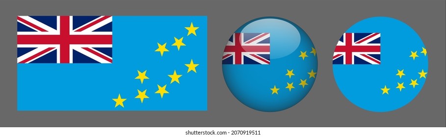Tuvalu flag set collection, button rounded, flat rounded.