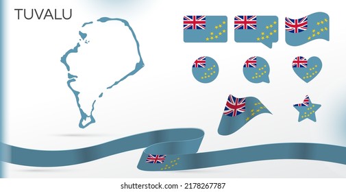 Tuvalu flags set. Various designs. Map and capital city. World flags. Vector set. Circle icon. Template for independence day. Collection of national symbols. Ribbon flag. Oceania countries