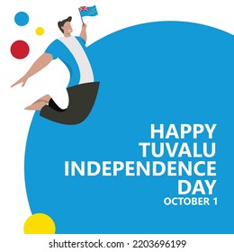 Tuvalu independence day vector illustration with a man jumping and holding the national flag.