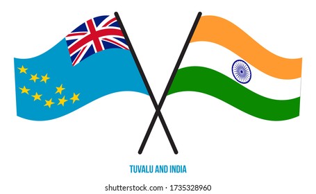 Tuvalu and India Flags Crossed And Waving Flat Style. Official Proportion. Correct Colors.