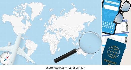 Tuvalu is magnified over a World Map, illustration with airplane, passport, boarding pass, compass and eyeglasses. Vector illustration.