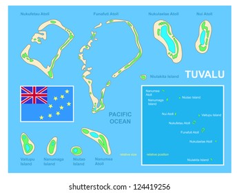 Tuvalu map and Flag- Bright and colorful map of South Pacific island nation of Tuvalu. Clearly labeled vector illustration, layers labeled for easy editing, EPS 8 with no gradients or effects.