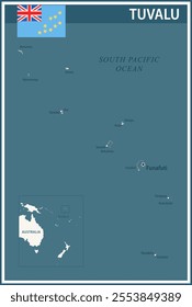 Tuvalu Map Vector Vintage Dark Blue Beige - Customizable layered political map of Tuvalu with administrative divisions for website, education, reports, news, politics, print, poster and wallpaper