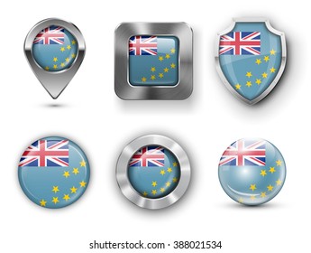 Tuvalu Metal and Glass Flag Badges, Buttons, Map marker pin and Shields. Vector illustrations