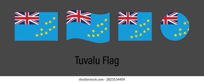 Tuvalu National Flag Set Collection with Rectangle, Waving, Square and Circle Shapes Isolated on Black Background Vector Illustration