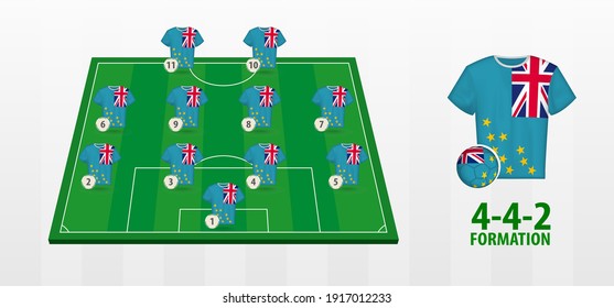 Tuvalu National Football Team Formation on Football Field. Half green field with soccer jerseys of Tuvalu team.