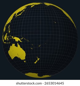 Tuvalu on Globe. Country view on the world map in Charcoal Bright Yellow color palette. Tuvalu shape on map. Globe with meridians, parallels, countries, rivers and lakes.