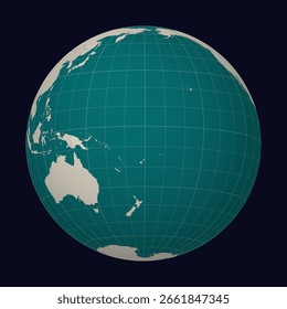 Tuvalu on the map. Globe centered on Tuvalu. Country location on the world map. Teal and Pale Mint color palette. Globe with countries, meridians, and parallels. Authentic vector illustration.