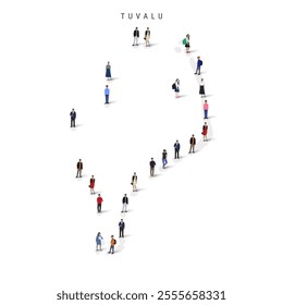 Tuvalu population map. Large group of realistic a diverse crowd of people figures in a shape of Ellice Islands map. Flat vector illustration isolated on white.