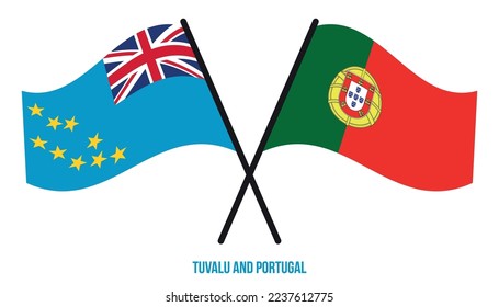 Tuvalu and Portugal Flags Crossed And Waving Flat Style. Official Proportion. Correct Colors.