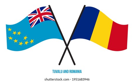 Tuvalu and Romania Flags Crossed And Waving Flat Style. Official Proportion. Correct Colors.