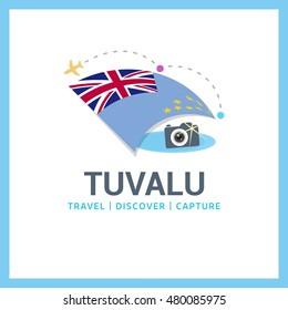 Tuvalu Travel, Discover, Capture logo - Vector travel Photographer logo design - Country Flag Travel, Discover and Photgrapher Conceptual logotype - vector illustration