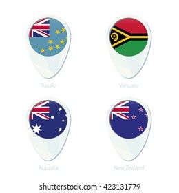 Tuvalu, Vanuatu, Australia, New Zealand flag location map pin icon. Tuvalu Flag, Vanuatu Flag, Australia Flag, New Zealand Flag. Vector Illustration.