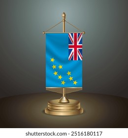 Tuvalu Vertical table flag with golden pole on dark gradient background, Template banner vector Illustration