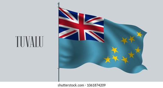 Tuvalu waving flag on flagpole vector illustration. Blue and stars element of Tuvalu wavy realistic flag as a symbol of country 