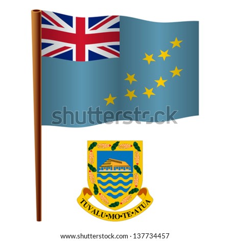 tuvalu wavy flag and coat of arm against white background, vector art illustration, image contains transparency