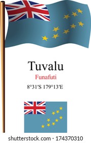 tuvalu wavy flag and coordinates against white background, vector art illustration, image contains transparency