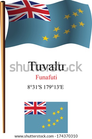 tuvalu wavy flag and coordinates against white background, vector art illustration, image contains transparency