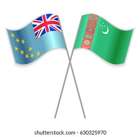 Tuvaluan and Turkmen crossed flags. Tuvalu combined with Turkmenistan isolated on white. Language learning, international business or travel concept.