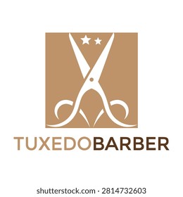 Tuxedo Barber logo featuring white scissors with two stars on brown square background