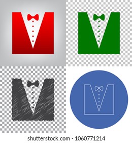 Tuxedo with bow silhouette. Vector. 4 styles. Red gradient in radial lighted background, green flat and gray scribble icons on transparent and linear one in blue circle.