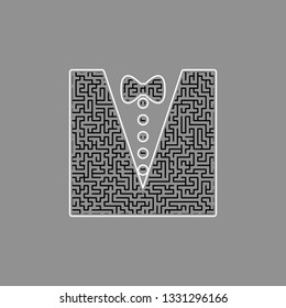 Tuxedo with bow silhouette. Vector. Black maze filled icon with white border at gray background.