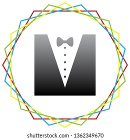 Tuxedo with bow silhouette. Vector. Black icon with patch of light inside colorful hexagonal frames at white background.