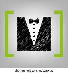 Tuxedo with bow silhouette. Vector. Black scribble icon in citron brackets on grayish background.