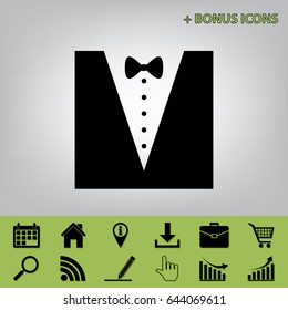Tuxedo with bow silhouette. Vector. Black icon at gray background with bonus icons at celery ones
