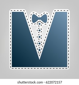 Tuxedo with bow silhouette. Vector. Blue icon with outline for cutting out at gray background.