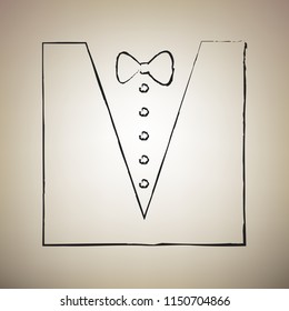 Tuxedo with bow silhouette. Vector. Brush drawed black icon at light brown background.