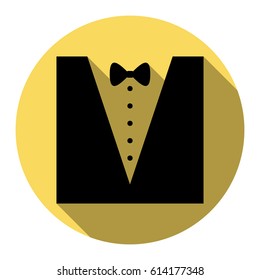 Tuxedo with bow silhouette. Vector. Flat black icon with flat shadow on royal yellow circle with white background. Isolated.