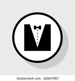 Tuxedo with bow silhouette. Vector. Flat black icon in white circle with shadow at gray background.
