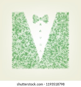 Tuxedo with bow silhouette. Vector. Green hexagon rastered icon and noised opacity and size at light green background with central light.